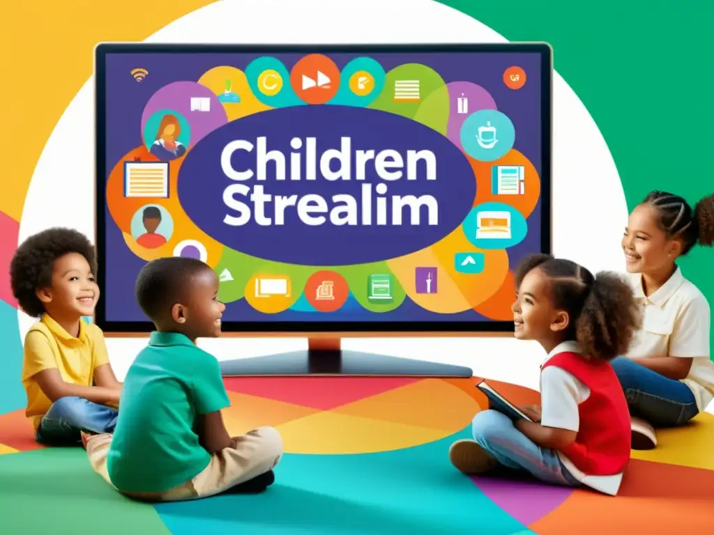 Grupo diverso de niños disfrutan de contenido educativo en pantalla grande, rodeados de herramientas interactivas y libros