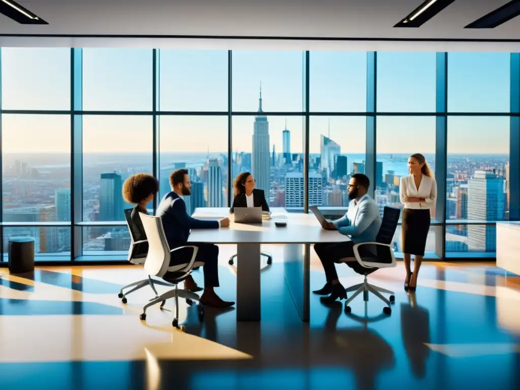 Un grupo diverso colabora en una oficina moderna con vista a la ciudad