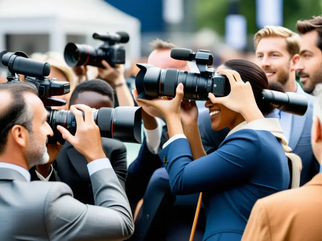 Un grupo diverso de periodistas y fotógrafos capturando momentos en un evento, reflejando la ética y dedicación profesional en la cobertura