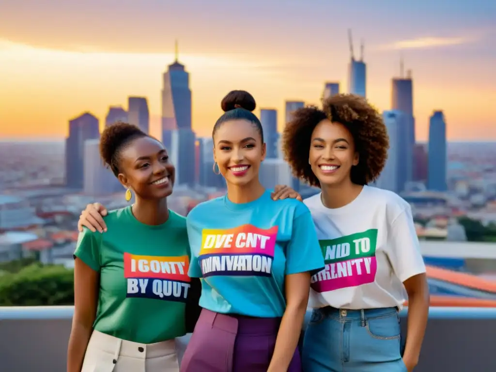 Un grupo diverso de personas lleva camisetas con slogans publicitarios frente a una ciudad al atardecer