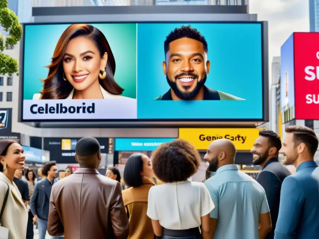 Un grupo diverso de personas mira a una celebridad que respalda una marca en un anuncio digital en el centro de una bulliciosa ciudad