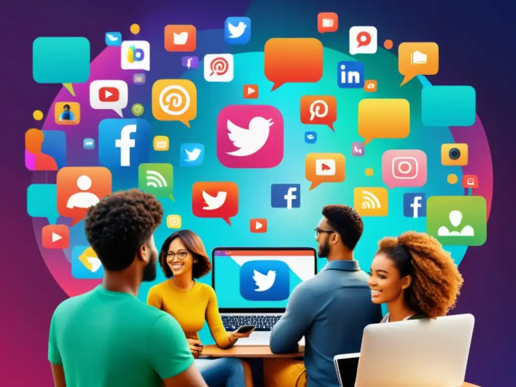 Un grupo diverso de personas conectadas a redes sociales en smartphones y laptops, rodeados de coloridos iconos