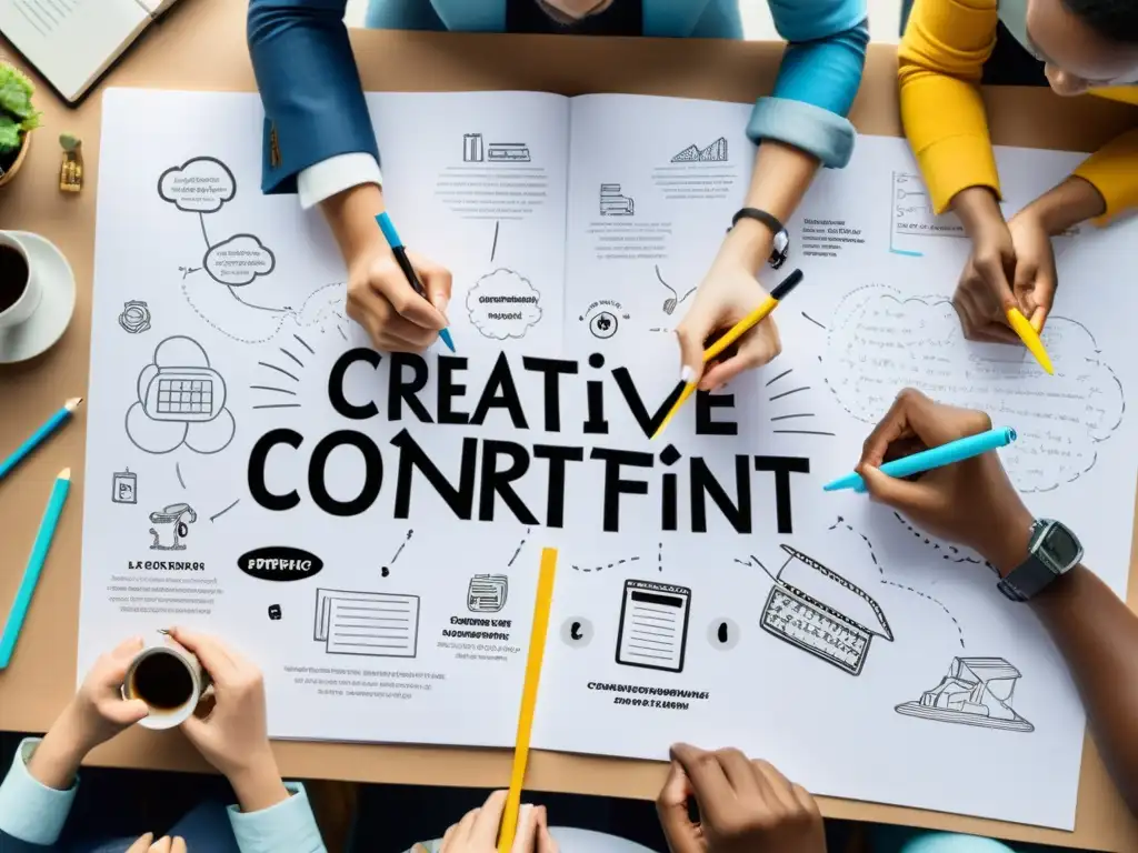 Un grupo diverso de personas colabora creativamente en la generación de contenido generado por usuarios, respetando los derechos de autor