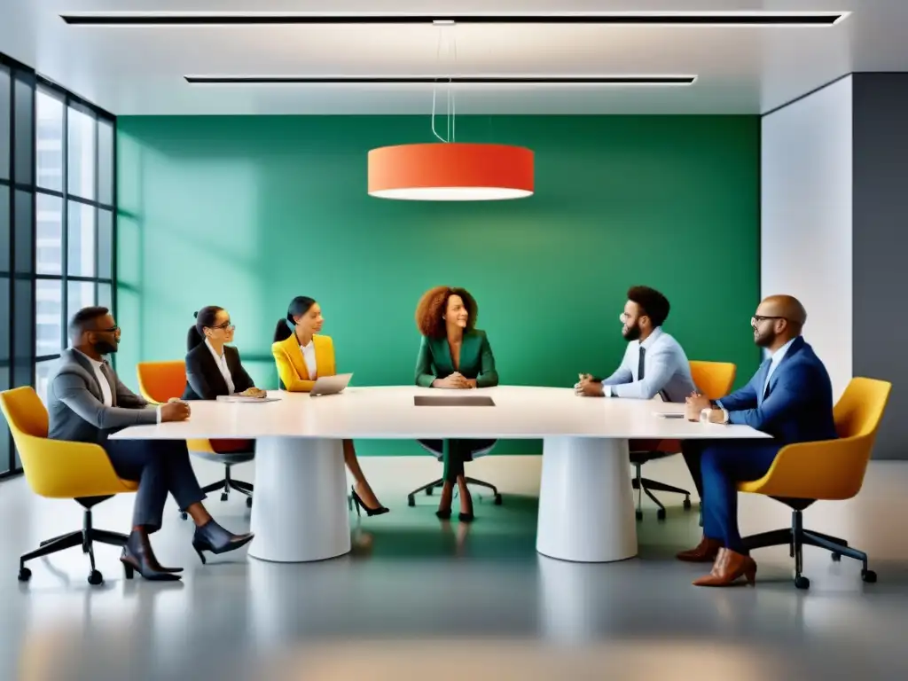Grupo diverso de personas discutiendo y colaborando alrededor de una mesa de conferencias, en un moderno espacio de oficina