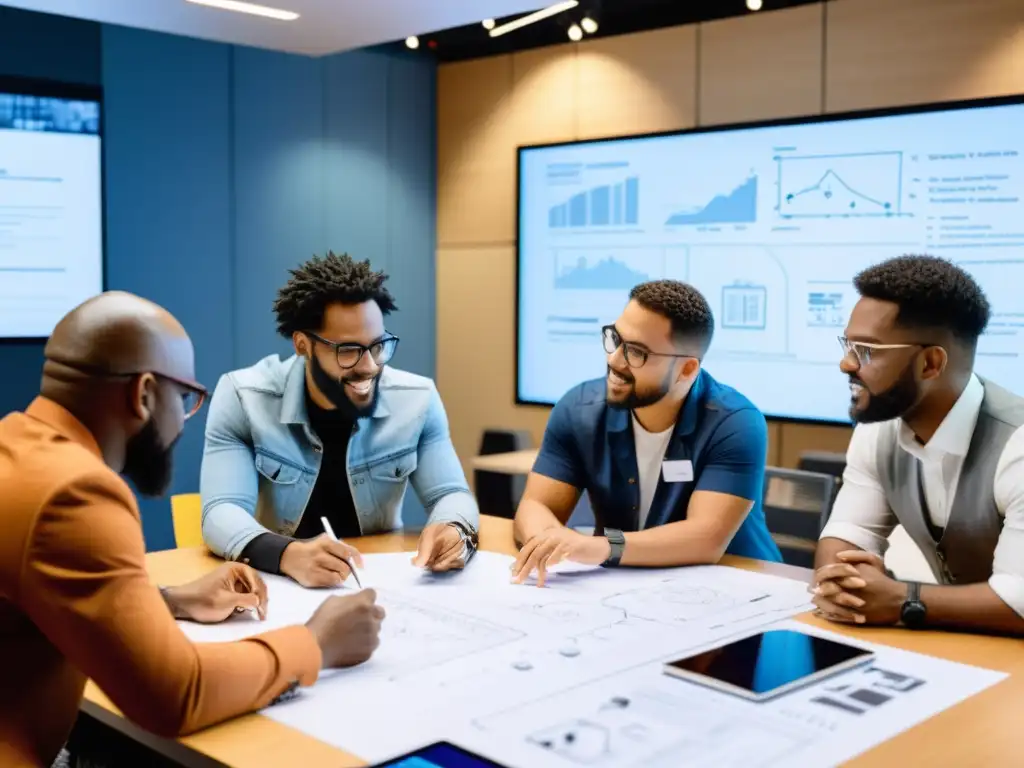 Un grupo diverso de profesionales colaborando en un ambiente innovador, discutiendo sobre modelos de negocio abiertos propiedad intelectual