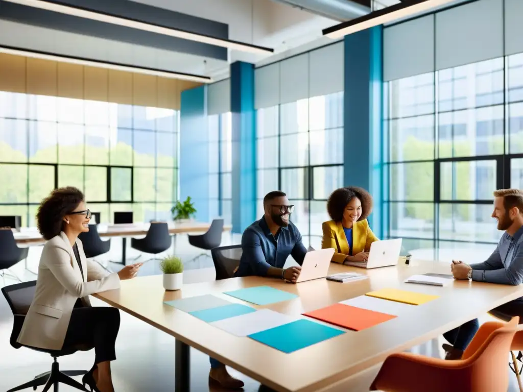 Un grupo diverso de profesionales de diseño colabora en un espacio moderno con luz natural, discutiendo ideas innovadoras