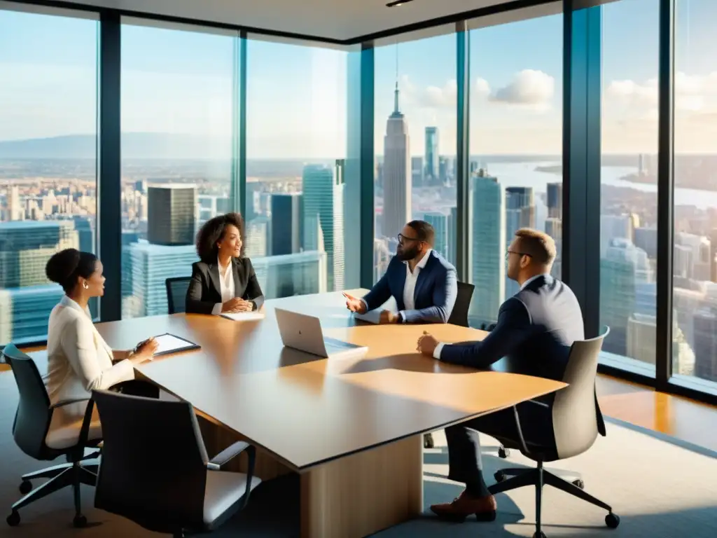 Un grupo diverso de profesionales colaborando en estrategias de administración corporativa y tratados internacionales de propiedad intelectual en una moderna sala de juntas con vista a la ciudad