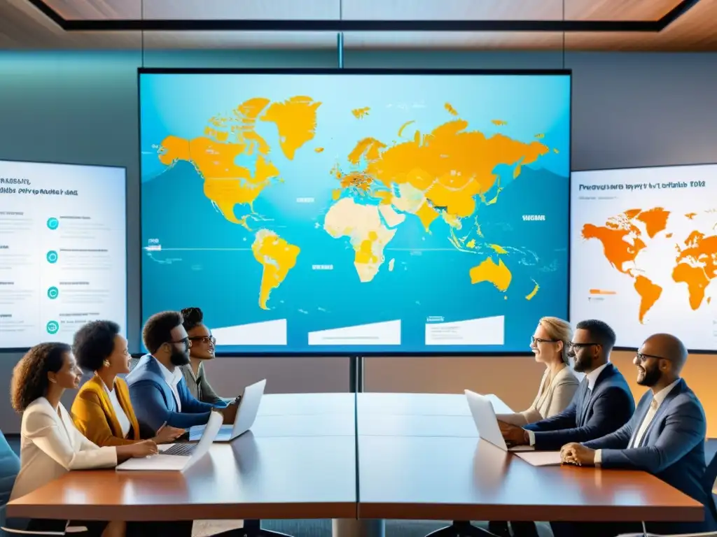 Profesionales debaten leyes de propiedad intelectual en mesa de conferencias Un grupo diverso de profesionales discute leyes de propiedad intelectual en una mesa de conferencias moderna, con documentos y laptops