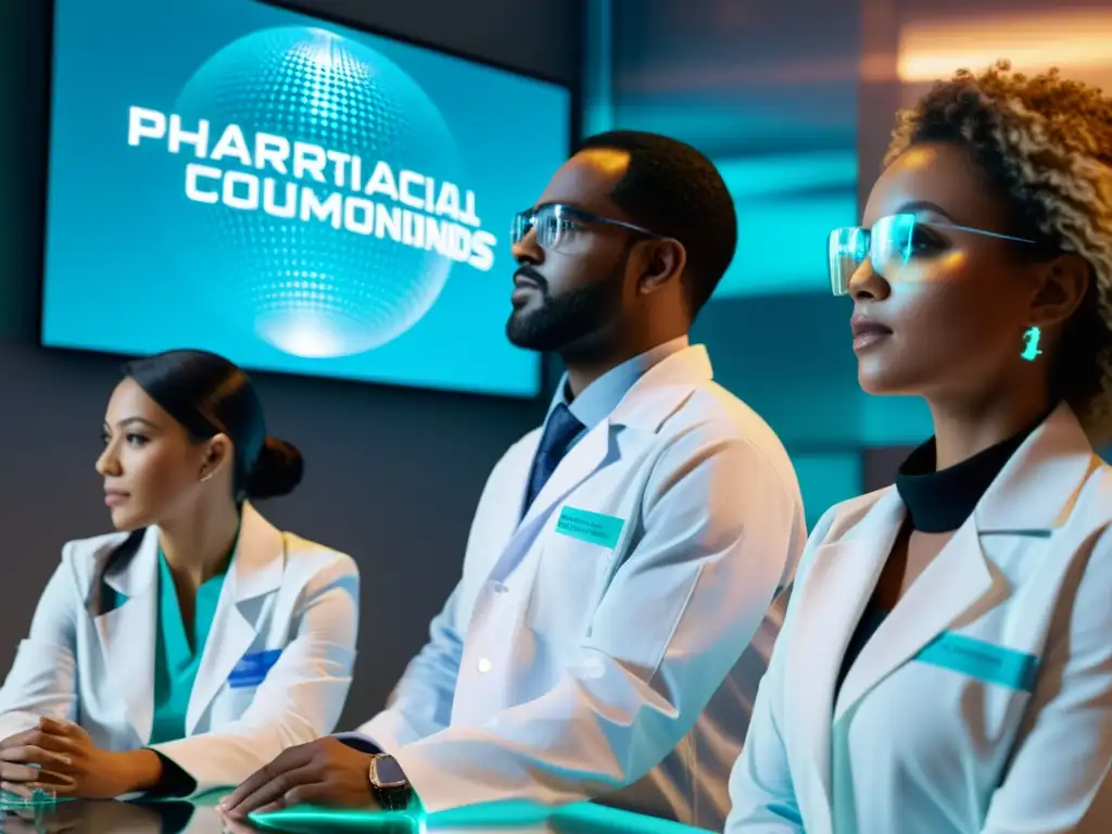Un grupo diverso de profesionales médicos se reúne alrededor de una proyección holográfica de compuestos farmacéuticos, reflejada en sus gafas