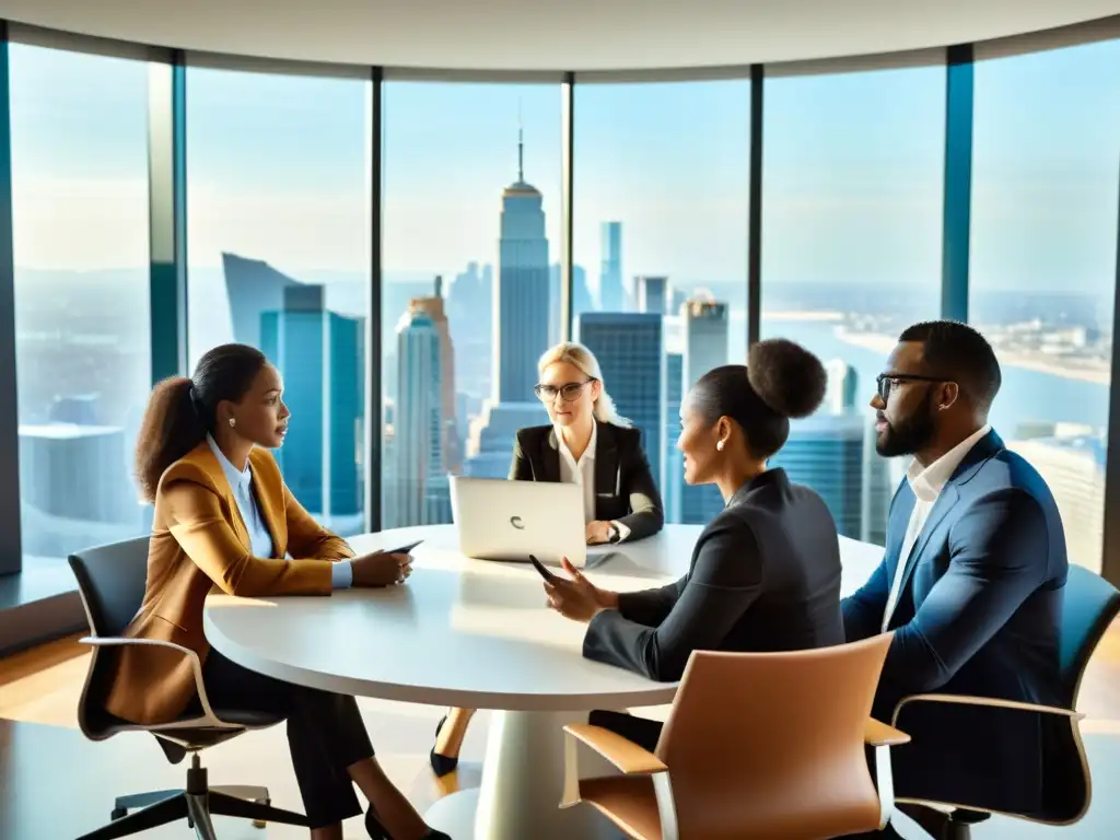 Un grupo diverso de profesionales de negocios dialoga en una moderna oficina con vistas a la ciudad