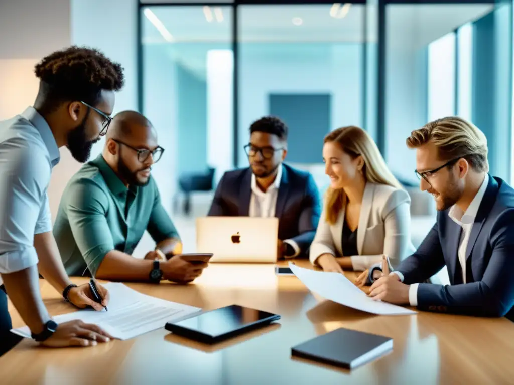 Un grupo diverso de profesionales discute y colabora en una oficina moderna, simbolizando la gestión de propiedad intelectual para startups