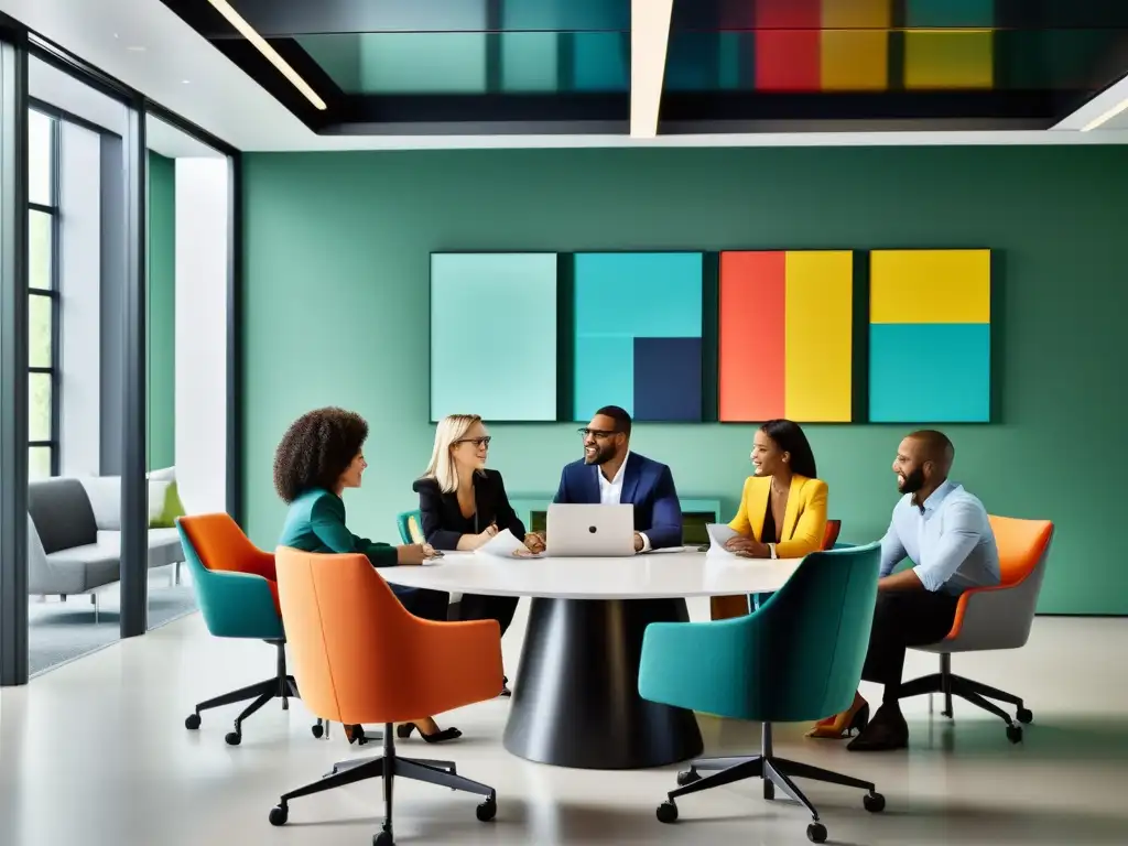 Un grupo diverso de profesionales colabora en una oficina moderna, con colores vibrantes y elementos visuales que reflejan creatividad e innovación