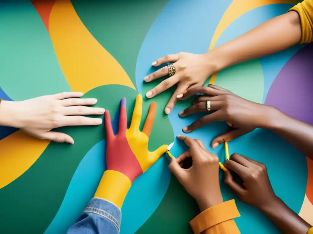 Un grupo diverso colabora en un proyecto creativo, uniendo sus manos