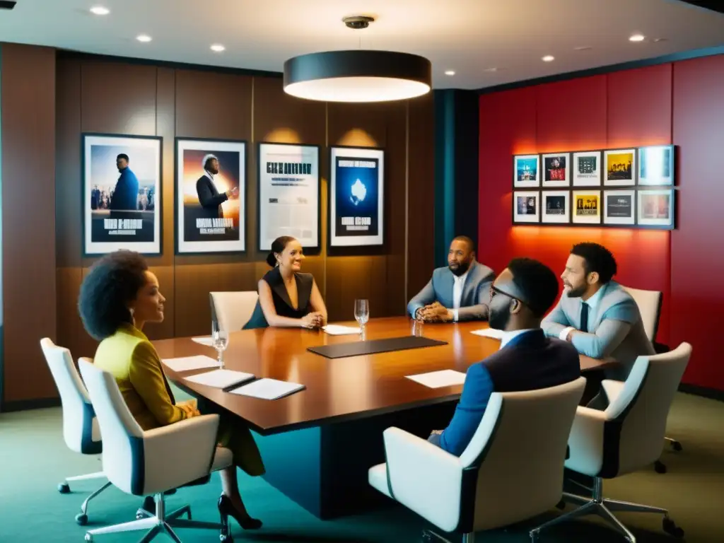 Un grupo diverso de trabajadores de la industria del entretenimiento se reúne en una sala de juntas moderna para negociar términos y condiciones