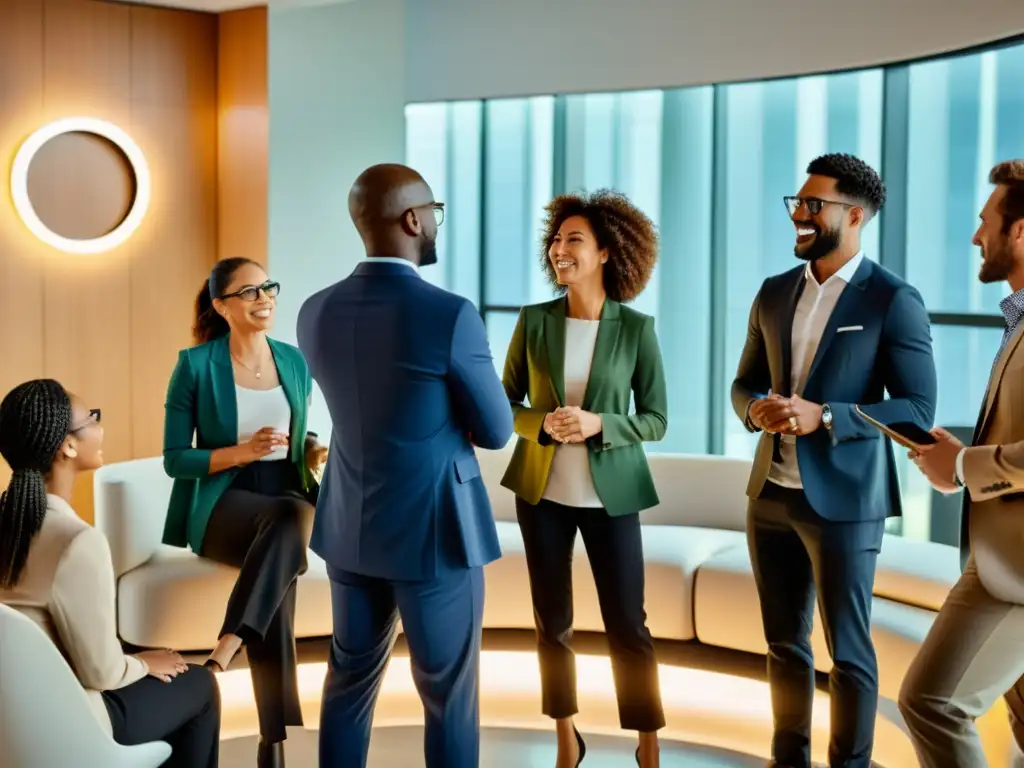 Un grupo diverso en traje profesional discute animadamente en un espacio luminoso y moderno, con un efecto halo de marcas de producto líder