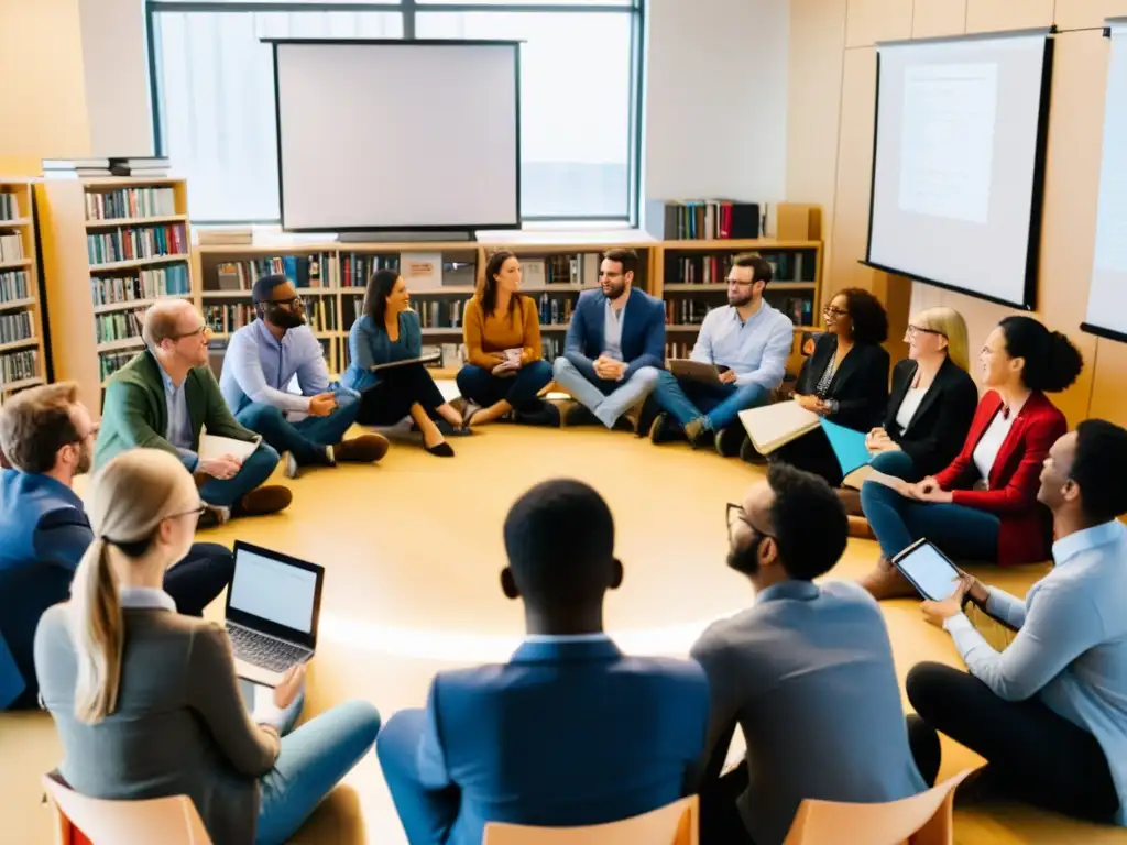 Un grupo de educadores discute animadamente sobre derechos de autor en MOOCs, rodeados de libros y dispositivos electrónicos