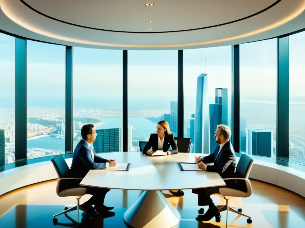 Grupo de ejecutivos negociando acuerdos internacionales de coexistencia de marcas en una moderna sala de conferencias con vista a la ciudad