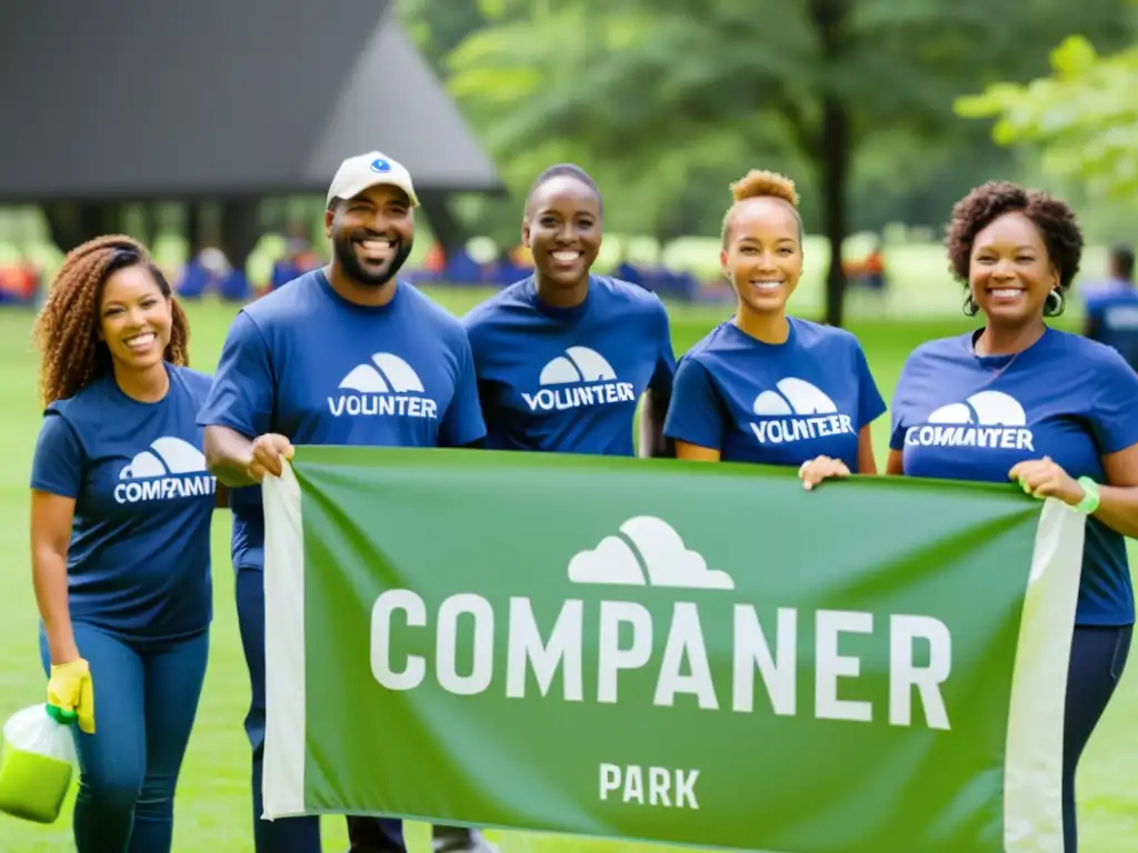 Un grupo de empleados de una empresa participando en un evento de voluntariado, con camisetas de la marca, limpiando un parque