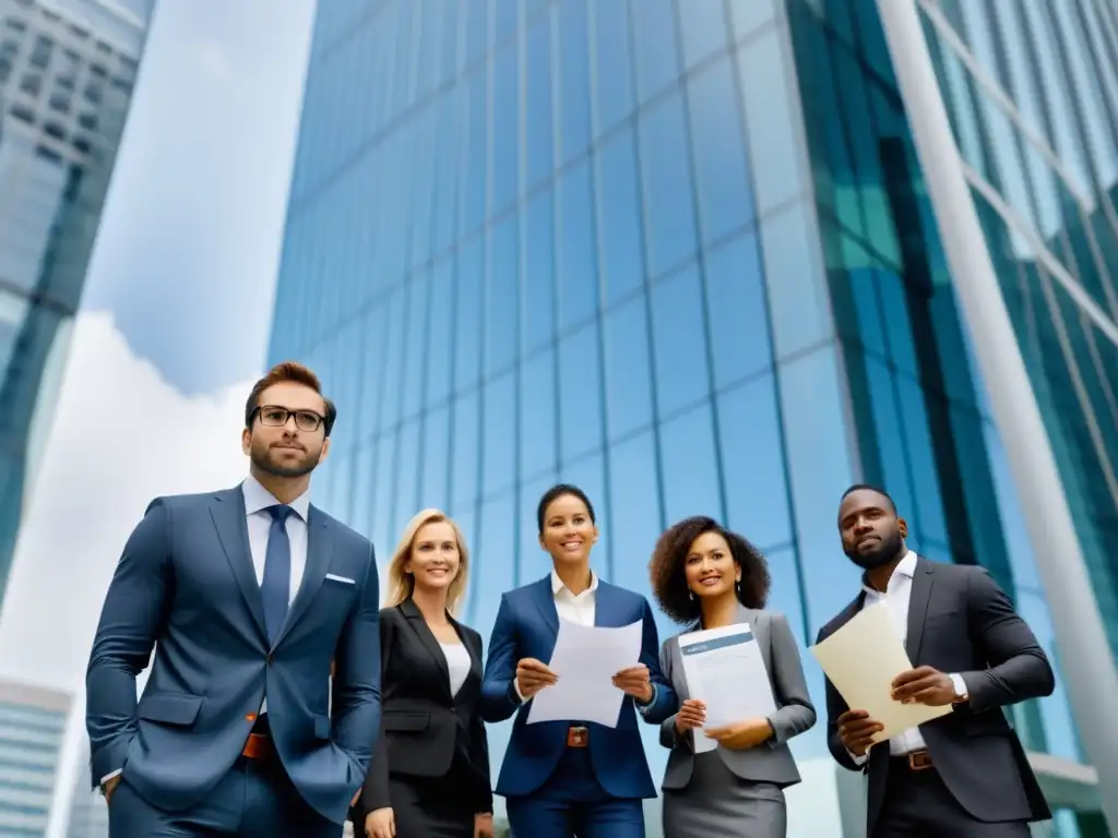 Grupo de emprendedores determinados frente a un imponente edificio corporativo, sosteniendo documentos legales y enfrentando con confianza el desafío