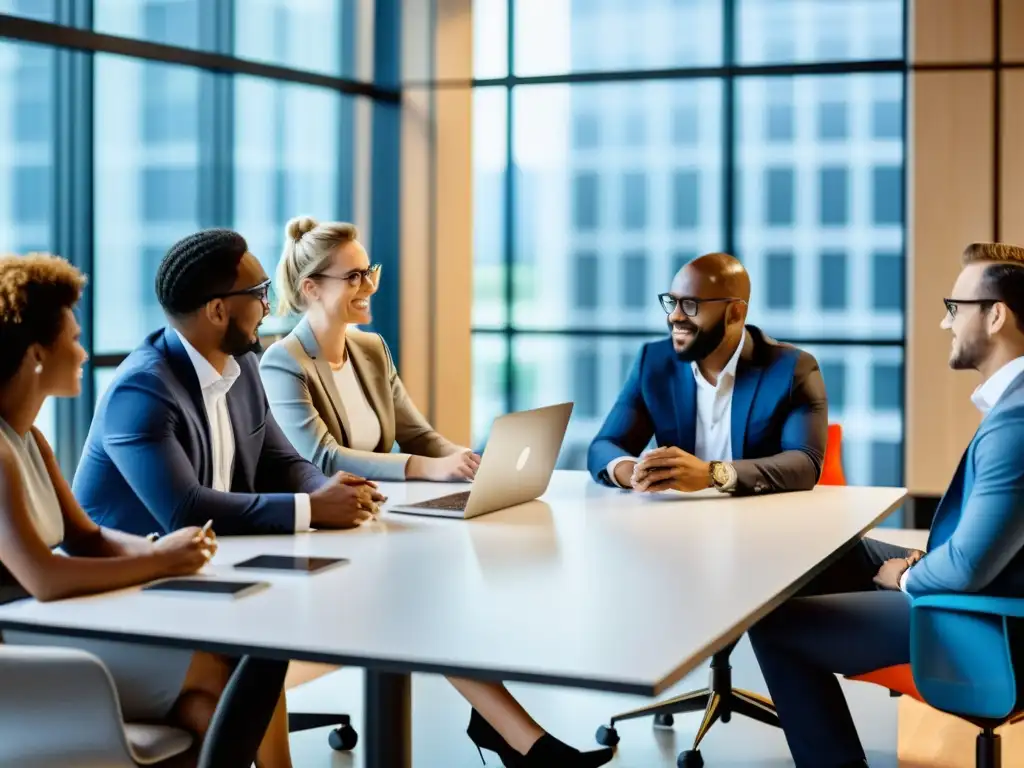 Grupo de emprendedores diversos en una oficina moderna, discutiendo en un ambiente colaborativo rodeados de tecnología innovadora y diseño vanguardista, representando el impacto global de reformas legislativas en la propiedad intelectual para startups