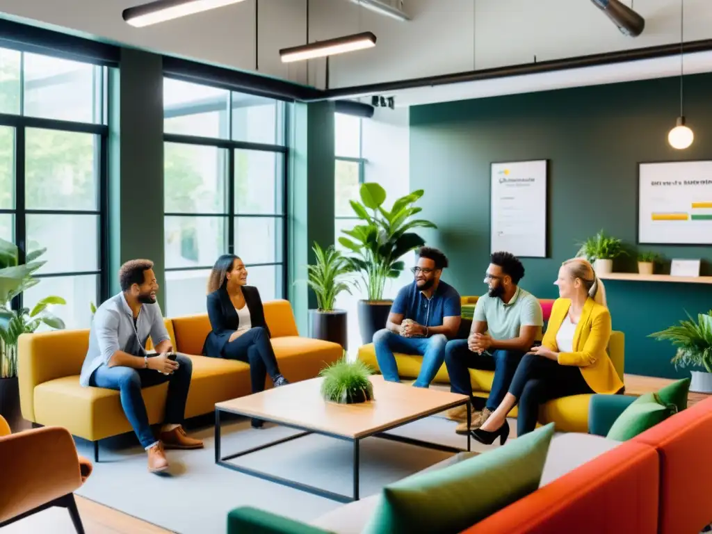 Emprendedores colaborando en un espacio coworking moderno y vibrante Grupo de emprendedores entusiastas interactuando en un espacio de coworking contemporáneo y vibrante, transmitiendo energía y creatividad