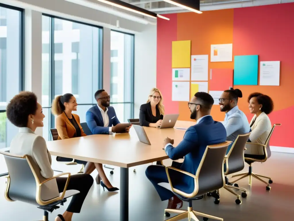 Un grupo de emprendedores entusiastas discuten en una oficina moderna y luminosa, destacando las ventajas de utilizar marca colectiva