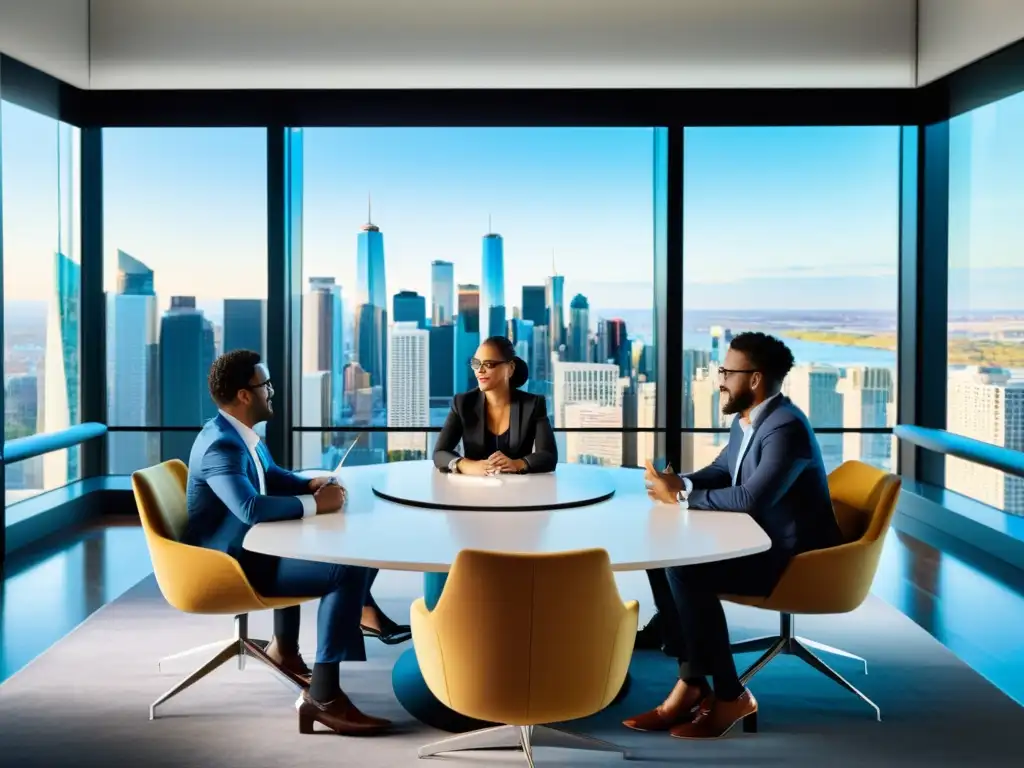 Grupo de emprendedores colaborando en una moderna sala de juntas, con vista a la ciudad