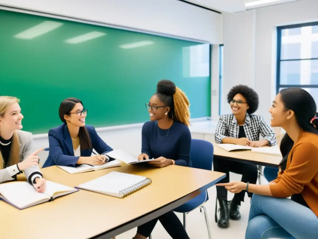 Grupo de estudiantes de diseño de moda discutiendo conceptos de derecho de autor en un aula luminosa y dinámica, rodeados de bocetos y diagramas