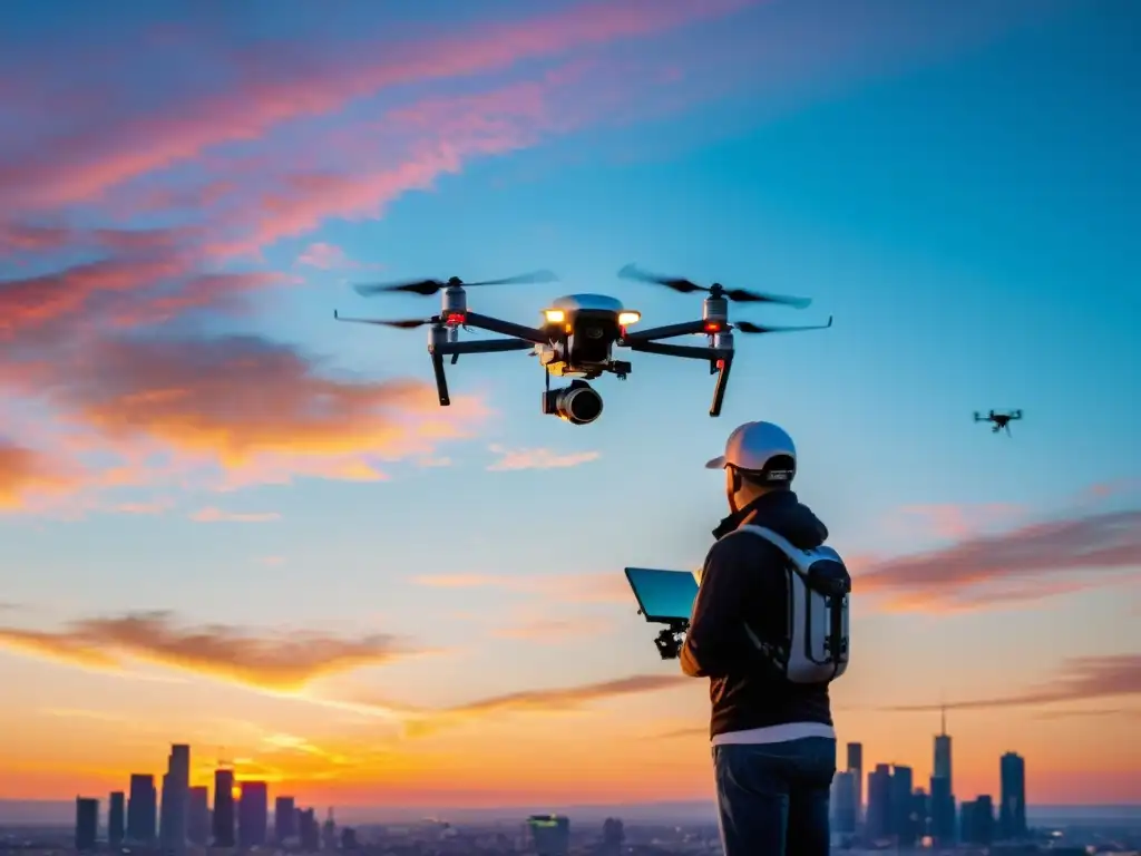 Un grupo de fotógrafos se reúne alrededor de un dron, listos para capturar tomas aéreas de una ciudad vibrante al atardecer