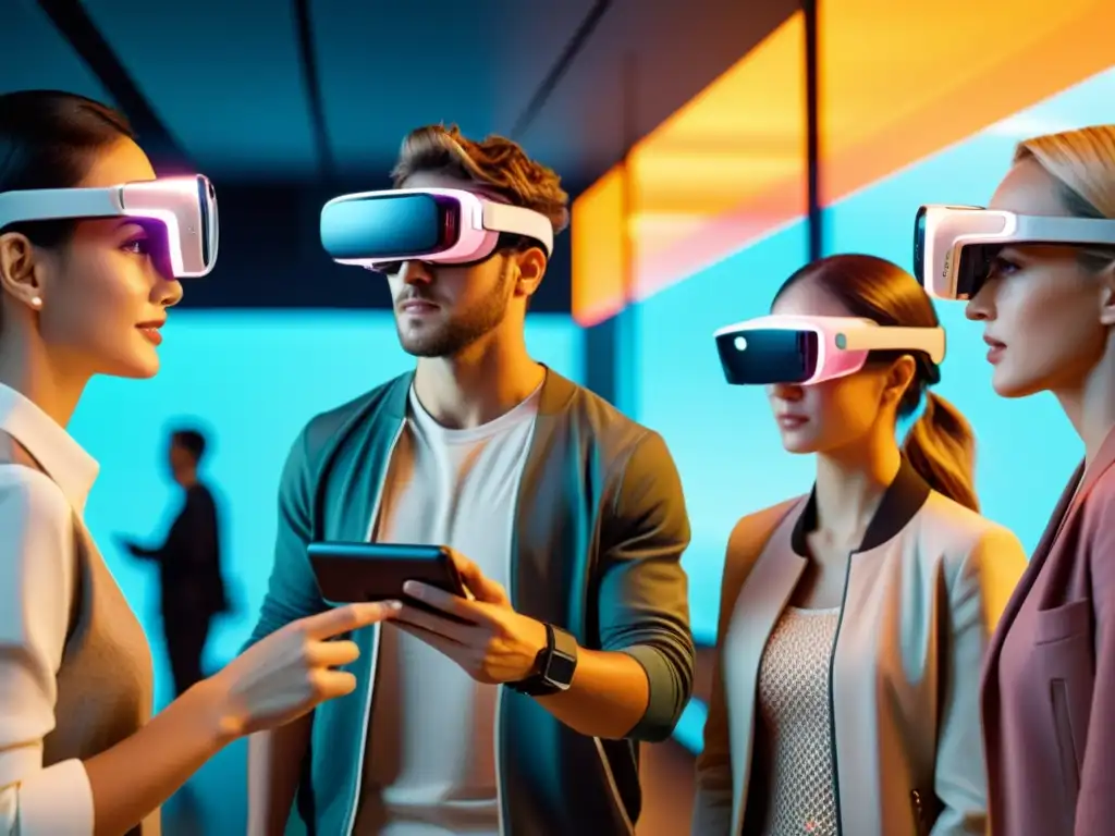 Grupo usando gafas de realidad aumentada interactuando con objetos digitales en entorno real, destacando sus expresiones faciales y gestos