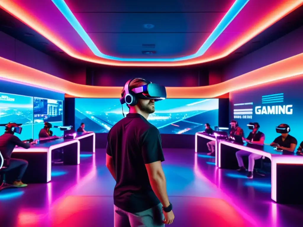 Grupo de gamers inmersos en un mundo virtual futurista, rodeados de tecnología avanzada