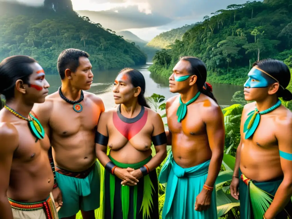 Grupo indígena amazónico en círculo, con vestimenta tradicional y pintura corporal, rodeado de exuberante vegetación