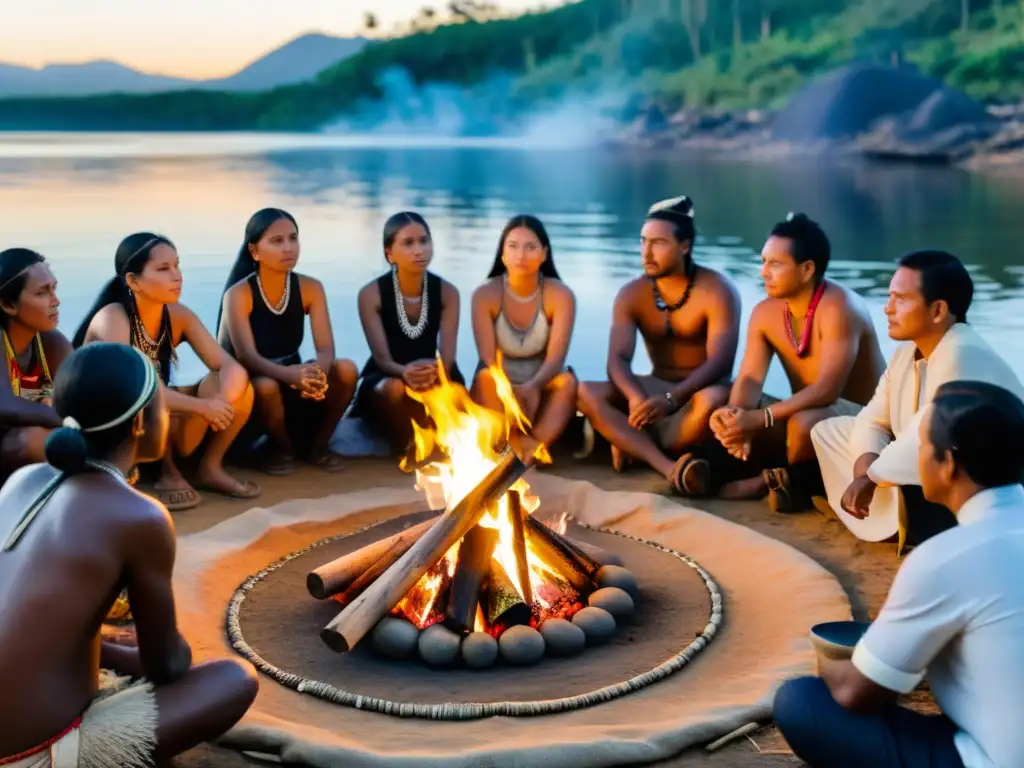 Grupo indígena en ceremonia tradicional, junto a equipo legal debatiendo sobre protección de patentes y derechos indígenas