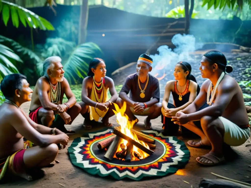 Grupo indígena protegiendo conocimientos tradicionales mientras comparten sabiduría junto al fuego en la selva