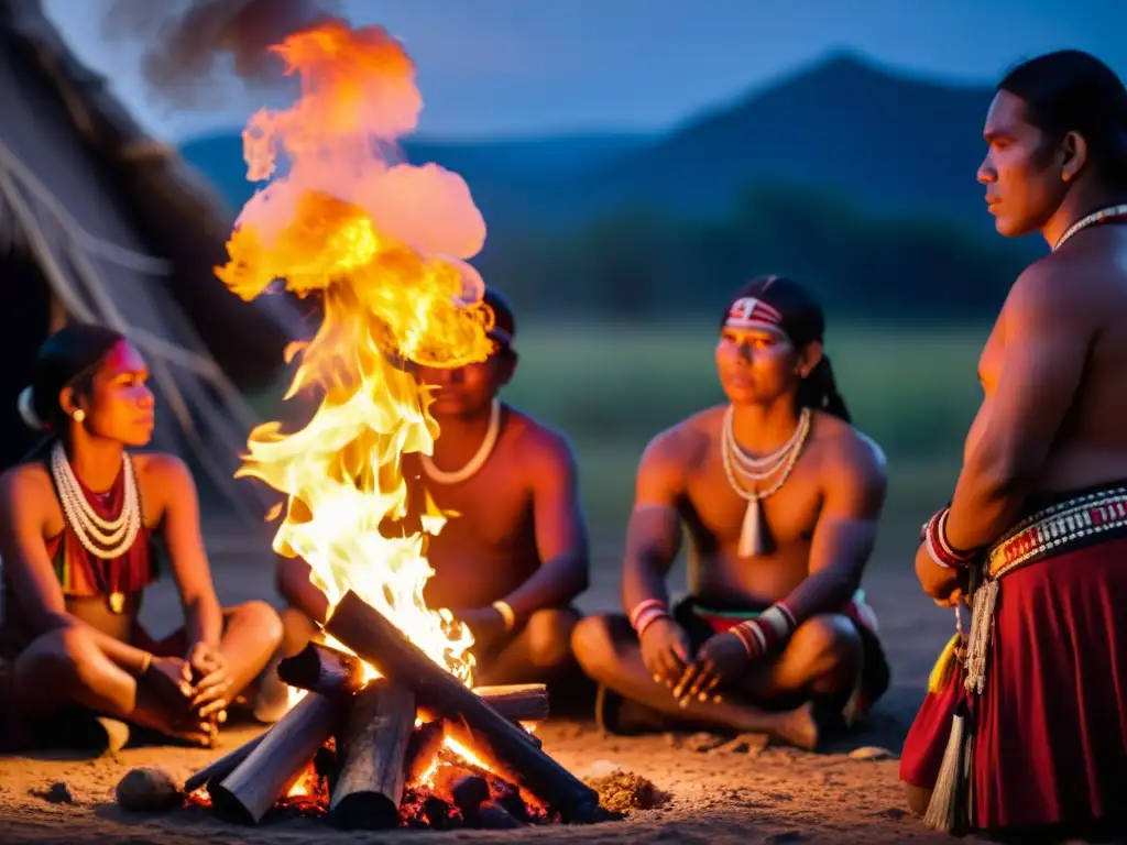 Grupo de indígenas en trajes tradicionales danzando alrededor de una fogata, transmitiendo reverencia y conexión a su herencia cultural