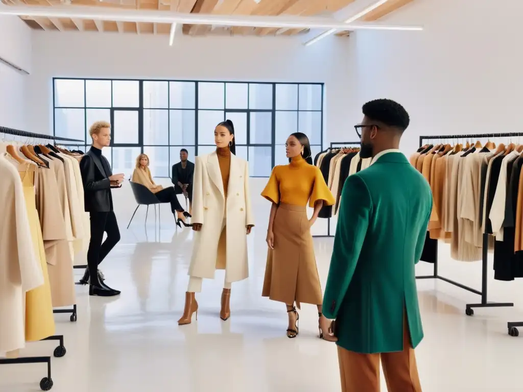 Influencers y diseñadores crean moda vanguardista en estudio luminoso Un grupo de influencers y diseñadores en un estudio minimalista, discutiendo ideas creativas sobre diseños vanguardistas