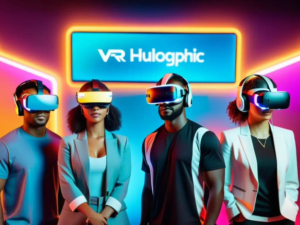 Grupo de influencers de eSports inmersos en competición virtual futurista con hologramas de marcas personales