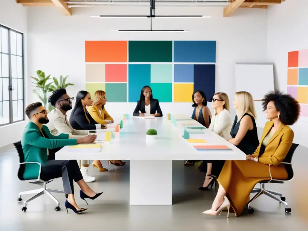 Creatividad y colaboración: diseñadores e influencers en reunión Un grupo de influyentes de moda y diseñadores colaborando en un estudio luminoso y moderno