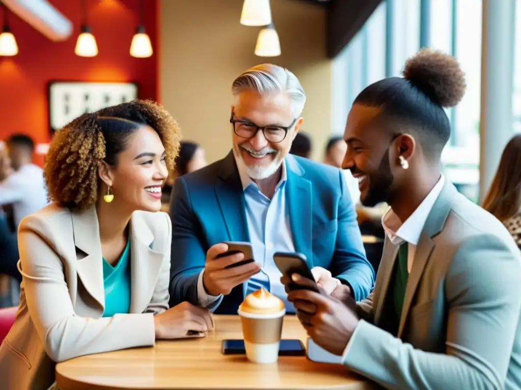 Grupo intergeneracional en animada cafetería, conectados en smartphones y disfrutando café