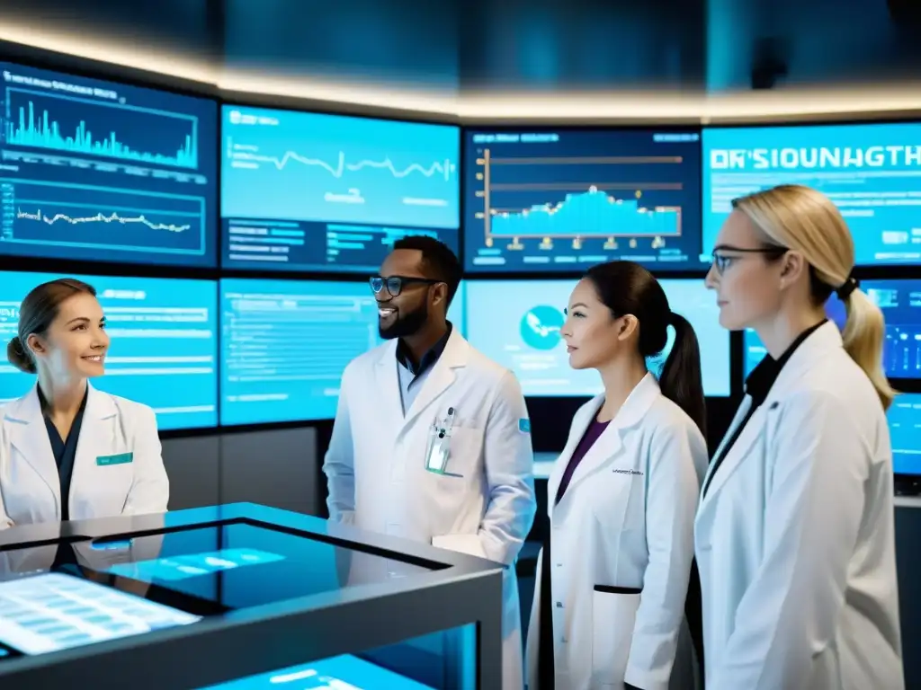 Grupo de investigadores médicos en laboratorio moderno, discutiendo datos digitales en pantallas interactivas, rodeados de tecnología avanzada
