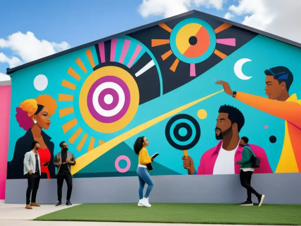 Un grupo de jóvenes artistas colabora en un mural sobre educación en derechos de autor para artistas, mostrando creatividad y pasión