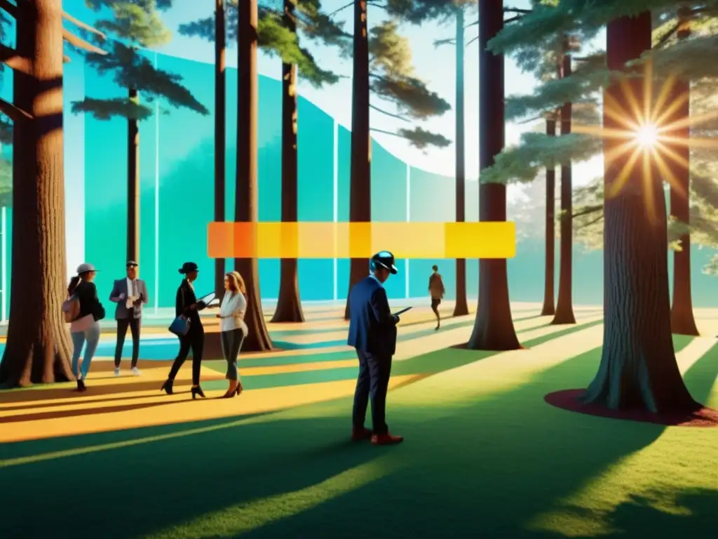 Un grupo usando lentes de realidad aumentada interactúa con información digital en un bosque