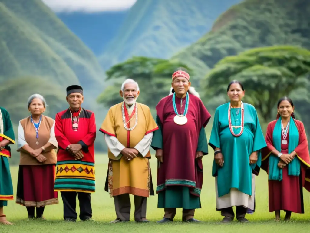 Grupo de líderes indígenas unidos en círculo, vestidos con trajes tradicionales, protección conocimiento tradicional propiedad intelectual