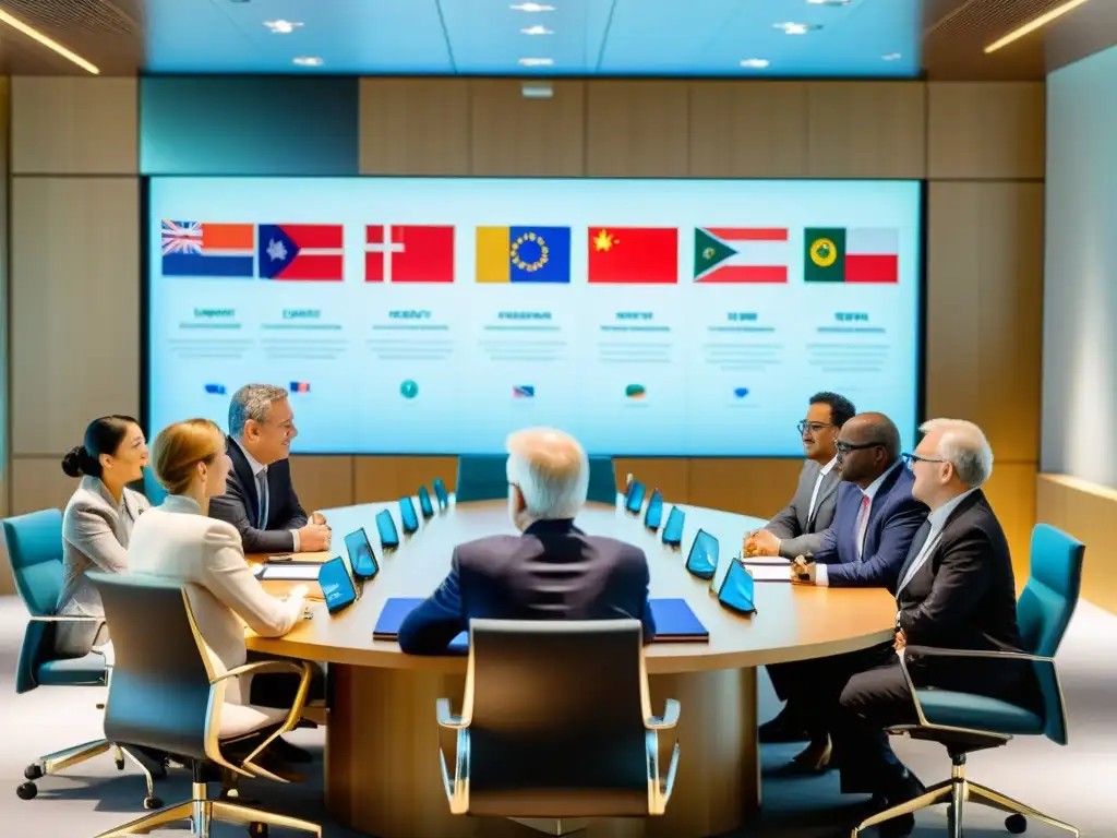 Grupo de líderes internacionales discuten en una sala de conferencias moderna, con banderas de varios países en las paredes