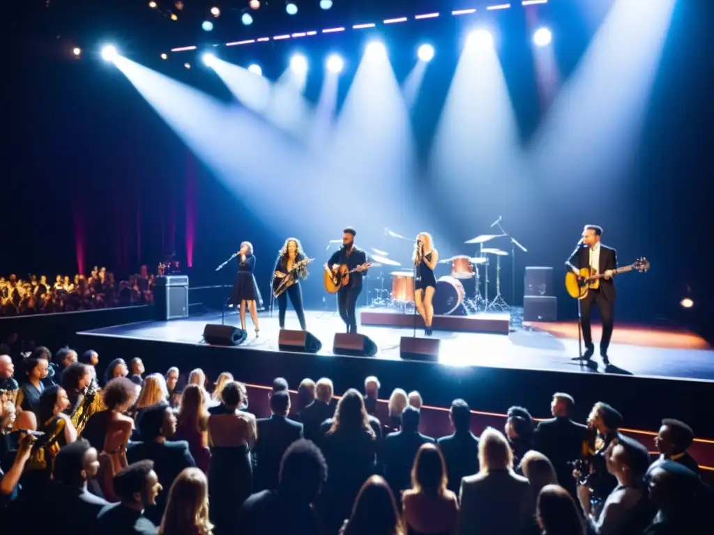 Grupo musical en vivo con Derechos conexos protección intérpretes, energía y pasión en el escenario iluminado