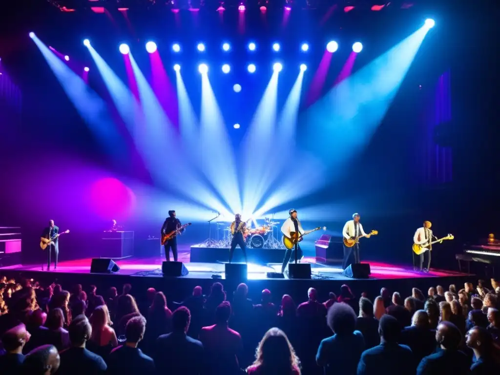 Grupo de músicos apasionados en un vibrante concierto con efectos visuales dinámicos