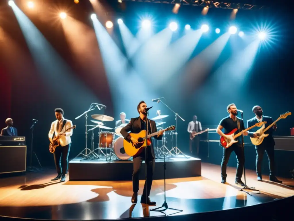 Un grupo de músicos interpretando apasionadamente en un escenario iluminado, con el público vitoreando