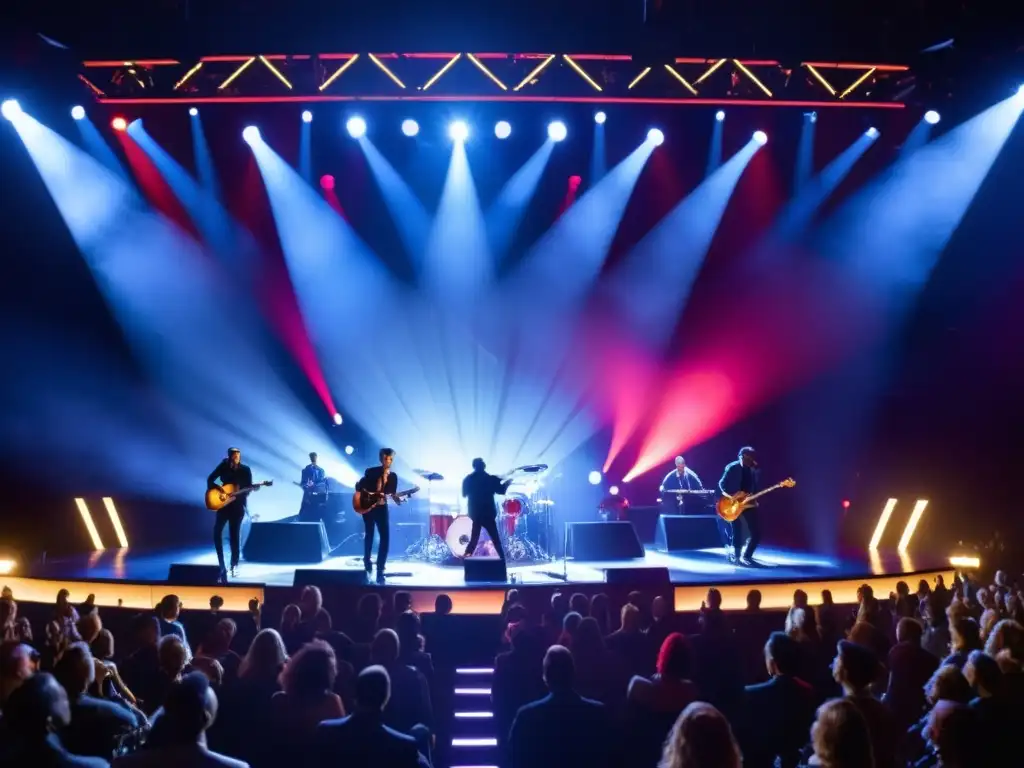 Grupo de músicos en escenario moderno con luces vibrantes, transmitiendo emoción y pasión en concierto