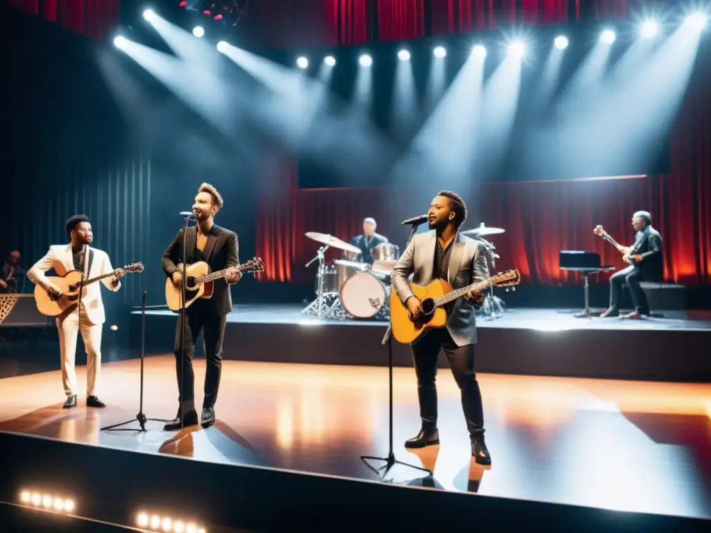 Grupo de músicos en escenario moderno, con iluminación dinámica y público cautivado