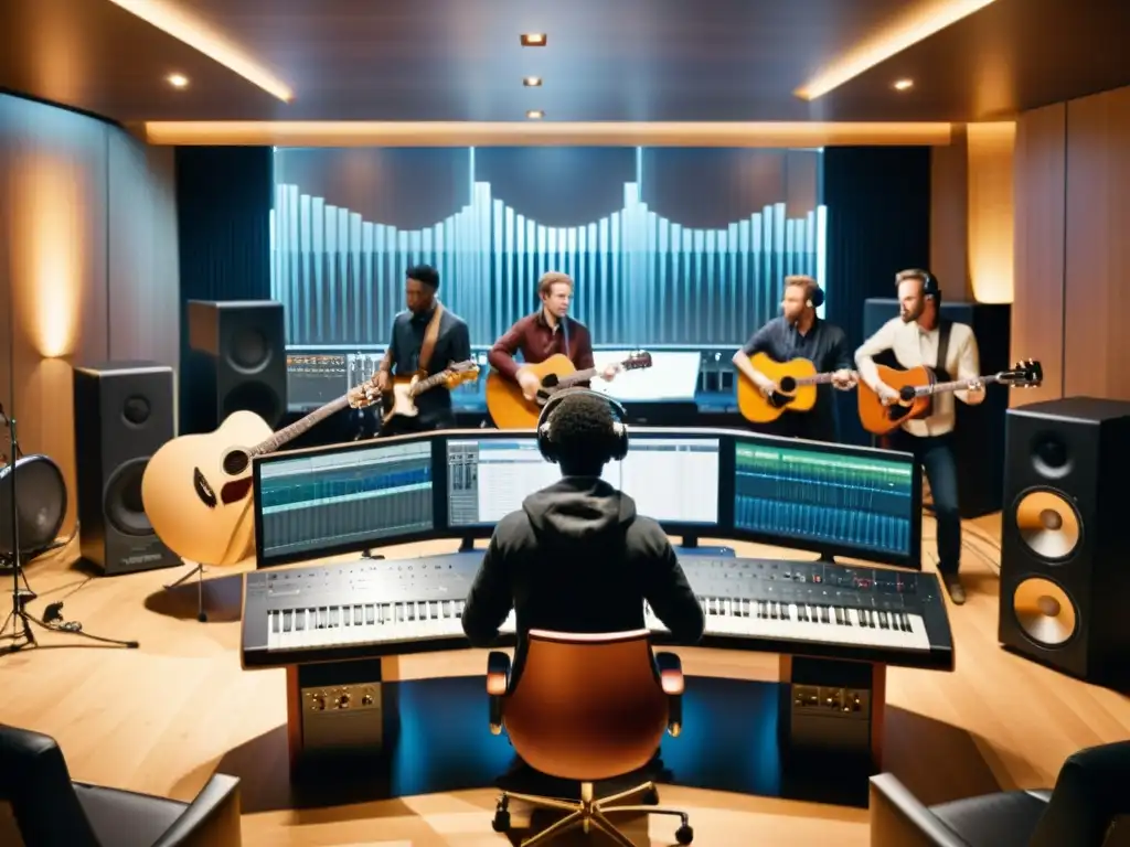 Un grupo de músicos colaborando en un estudio de grabación, mostrando energía y sinergia en la gestión conjunta de derechos de autor